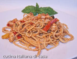 spaghetti con ragù di pollo e peperoni