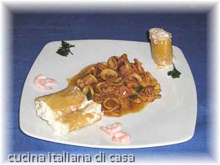 paccheri ripieni di gallinella e gamberetti con totani allo zafferano